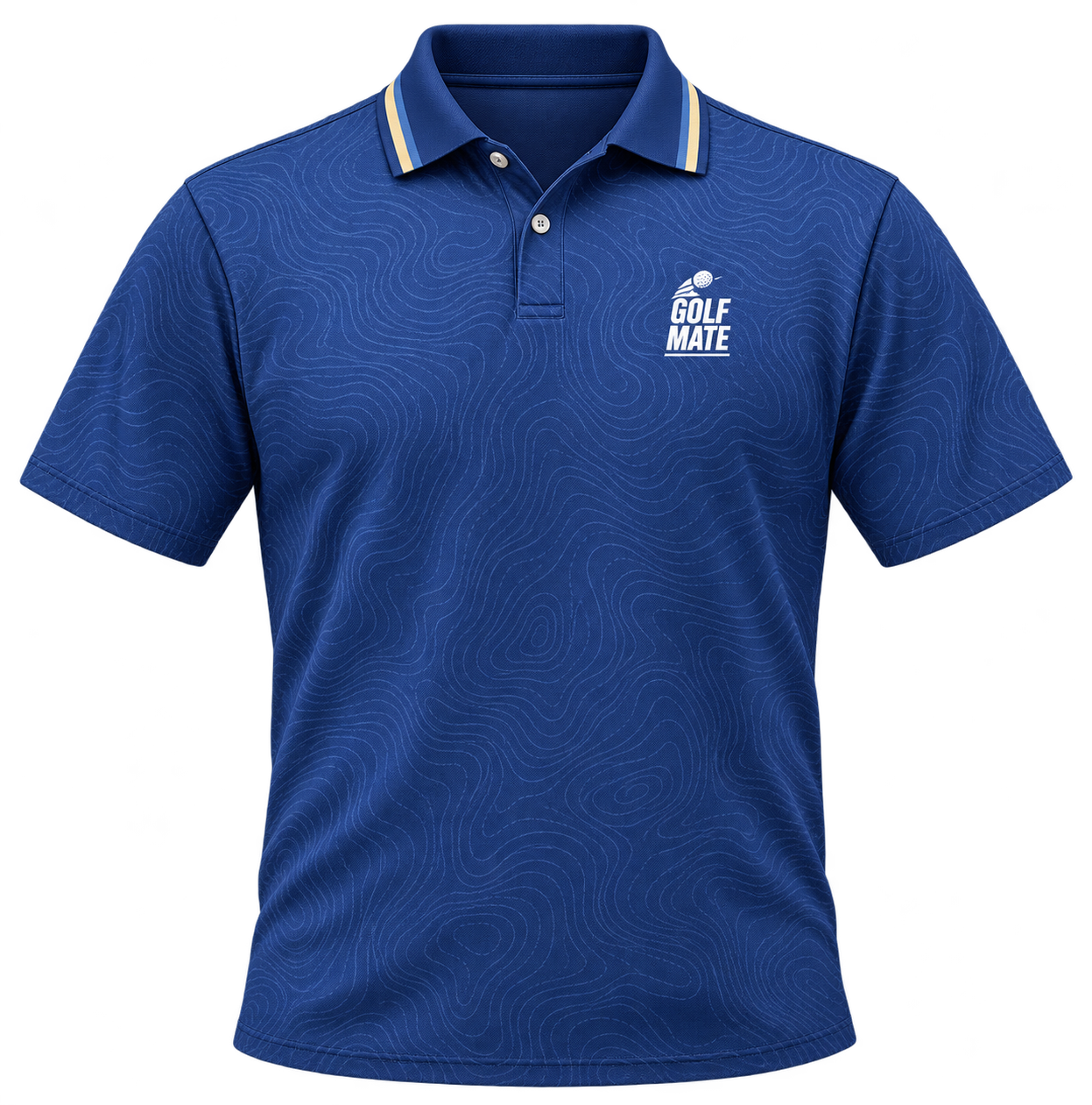 Blue GolfMate polo jersey mockup with contour pattern, contrast collar trim, and white chest logo