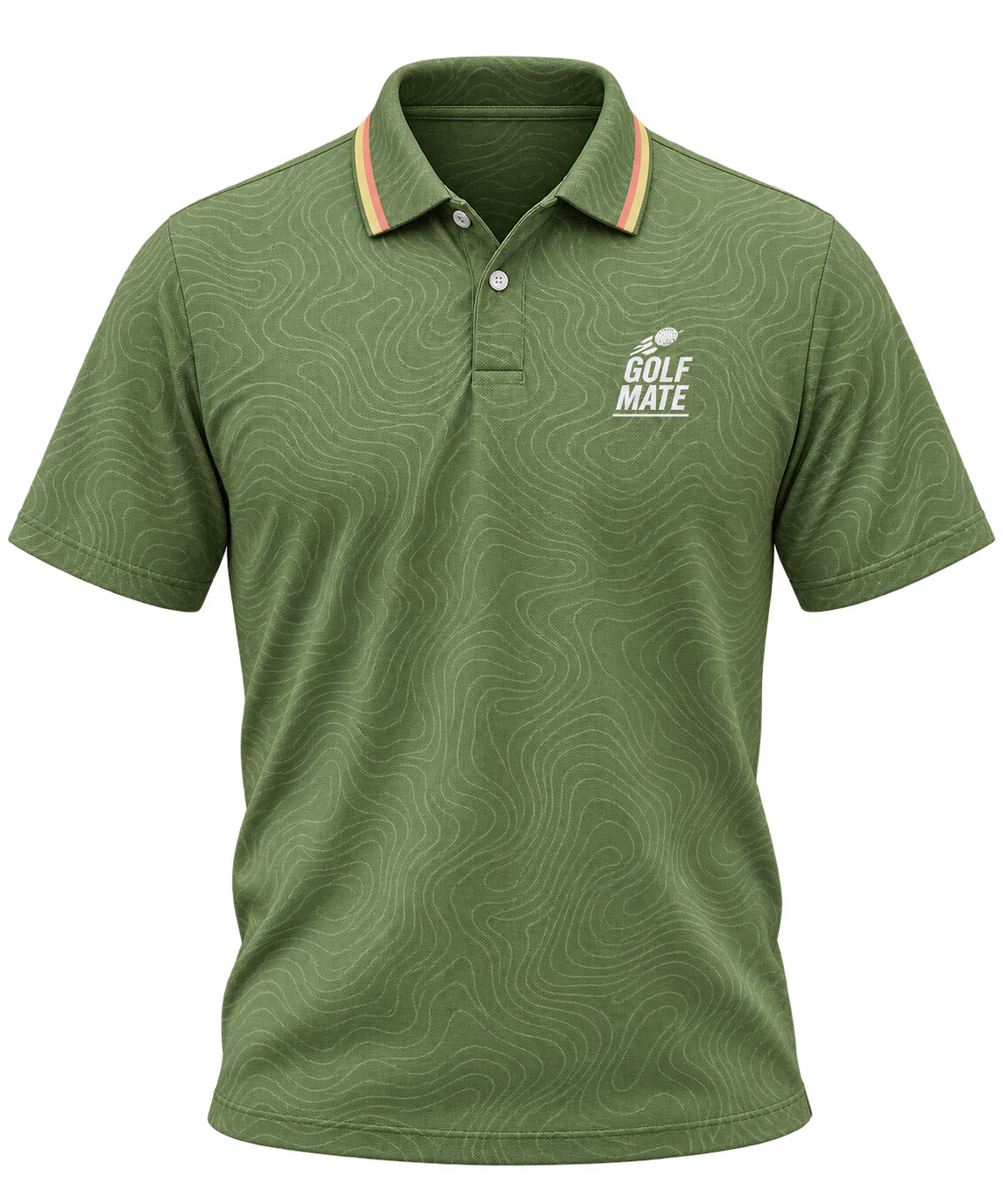Green GolfMate polo jersey mockup with contour pattern, contrast collar trim, and white chest logo